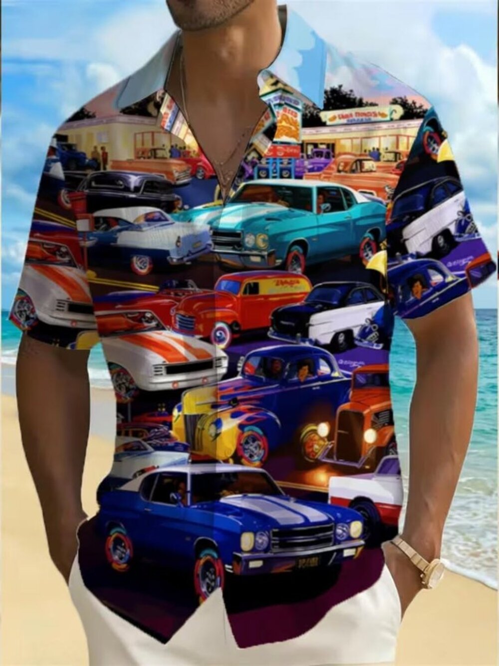 Retro Cruise Resort Shirt • Vintage Car Print • Men’s Casual Vacation Button‑Up